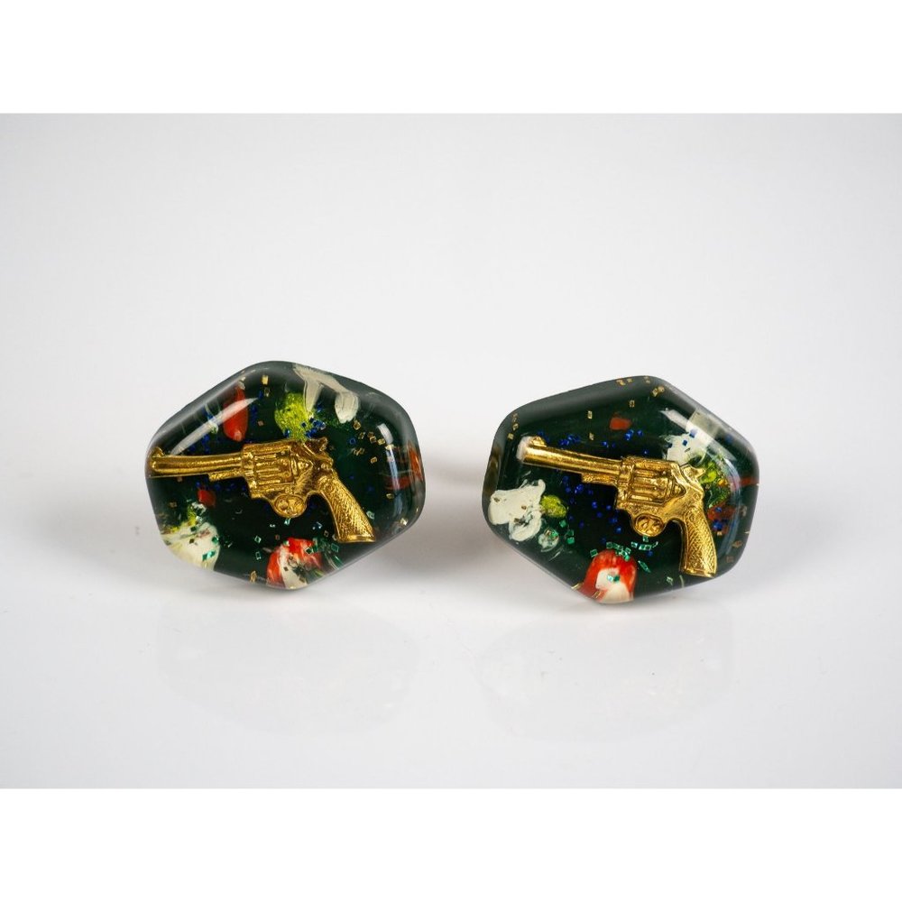 50s Vintage Confetti Resin Gold Pistol Cuff Links, Midcentury Modern Mens Jewelr